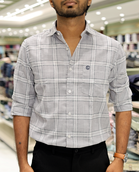 Grey Cotton-Linen-Blended Casual Shirt Features Checks, Full Sleeves, a Spread Collar, a Slim Fit, and a Regular Length