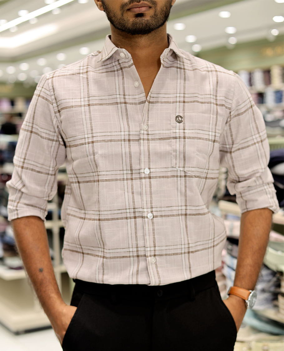 Taupe Cotton-Linen-Blended Casual Shirt Features Checks, Full Sleeves, a Spread Collar, a Slim Fit, and a Regular Length