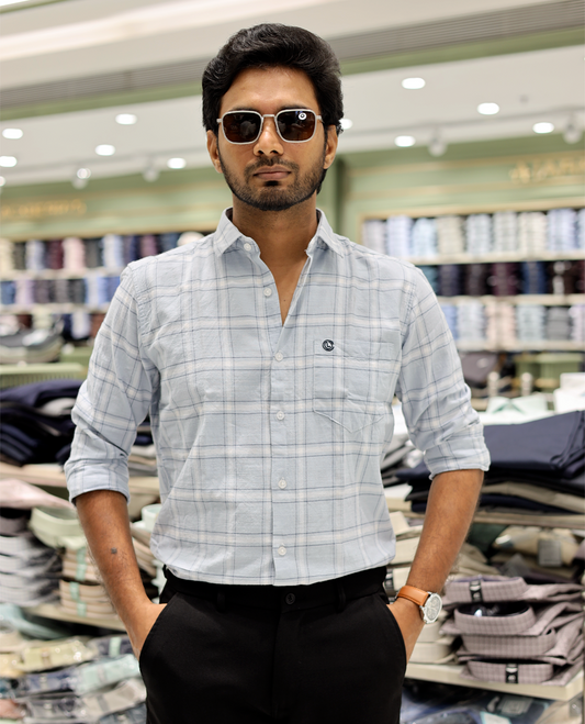 Blue Cotton-Linen-Blended Casual Shirt Features Checks, Full Sleeve, a Spread Collar, a Slim Fit, and a Regular Length