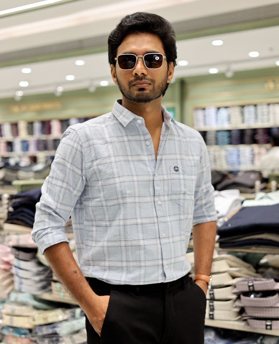 Blue Cotton-Linen-Blended Casual Shirt Features Checks, Full Sleeve, a Spread Collar, a Slim Fit, and a Regular Length