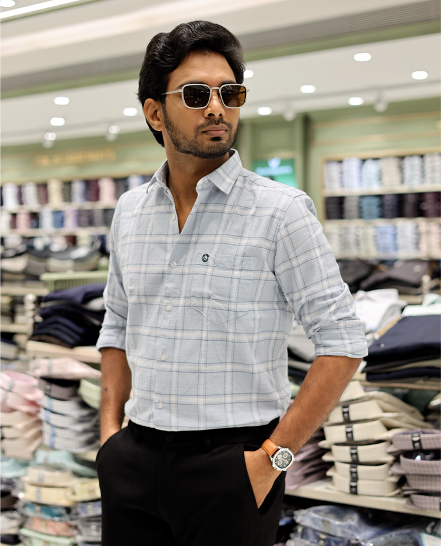 Blue Cotton-Linen-Blended Casual Shirt Features Checks, Full Sleeve, a Spread Collar, a Slim Fit, and a Regular Length