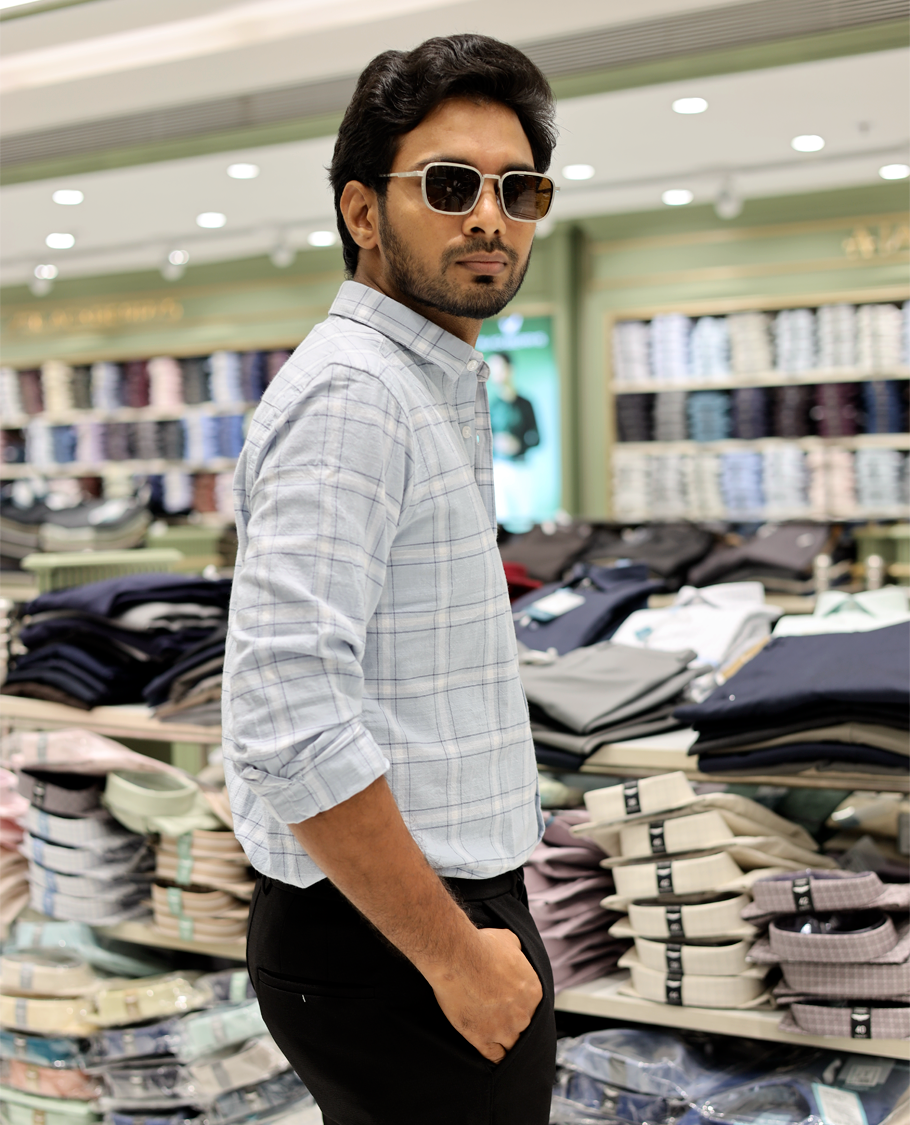 Blue Cotton-Linen-Blended Casual Shirt Features Checks, Full Sleeve, a Spread Collar, a Slim Fit, and a Regular Length
