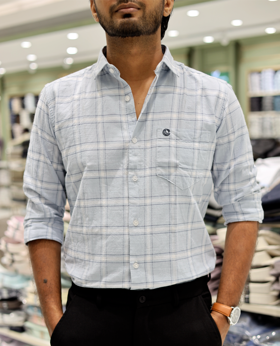 Blue Cotton-Linen-Blended Casual Shirt Features Checks, Full Sleeve, a Spread Collar, a Slim Fit, and a Regular Length