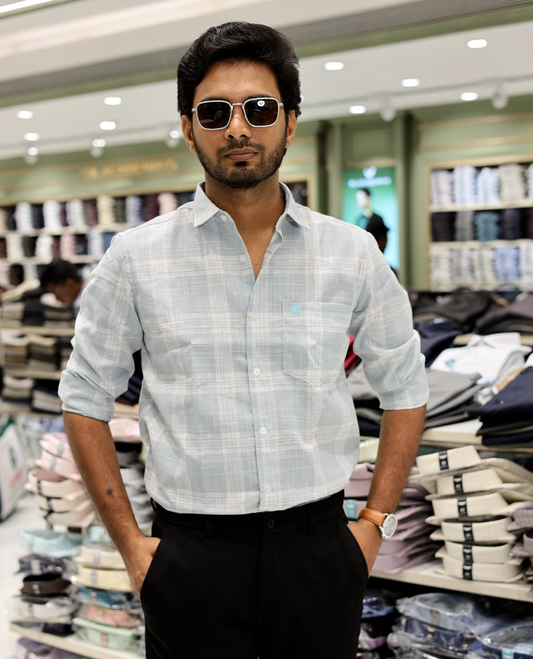 Blue Cotton-Linen-Blended Casual Shirt