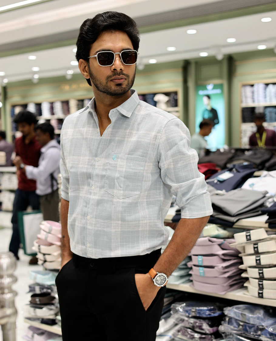 Blue Cotton-Linen-Blended Casual Shirt