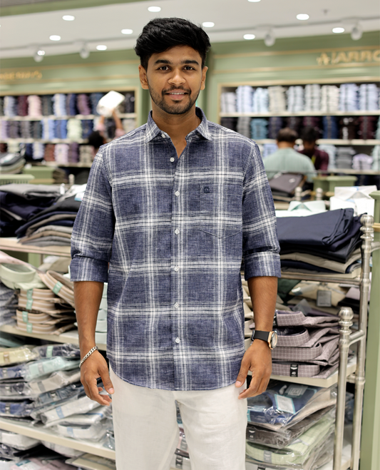 Denim Blue Cotton-Linen-Blended Casual Shirt Comes with Checks, Full Sleeves, a Spread Collar, a Slim Fit, and a Regular Length
