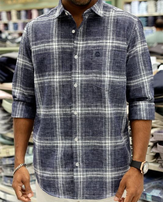 Denim Blue Cotton-Linen-Blended Casual Shirt Comes with Checks, Full Sleeves, a Spread Collar, a Slim Fit, and a Regular Length