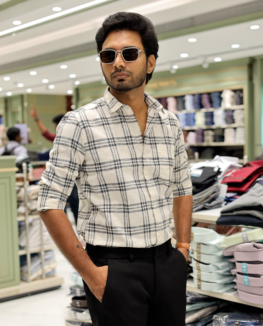 Beige Cotton-Linen-Blended Casual Shirt Features Checks, Full Sleeve, a Spread Collar, a Slim Fit, and a Regular Length