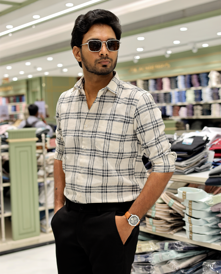 Beige Cotton-Linen-Blended Casual Shirt Features Checks, Full Sleeve, a Spread Collar, a Slim Fit, and a Regular Length