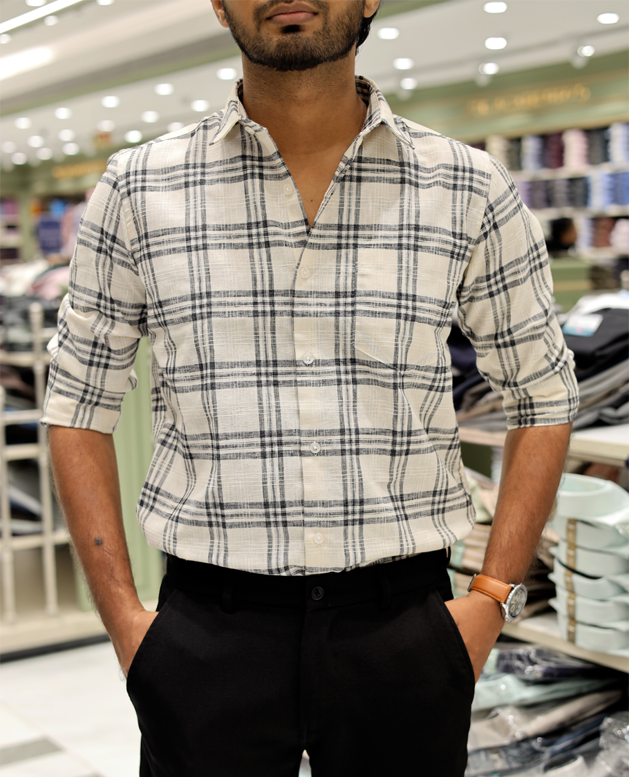 Beige Cotton-Linen-Blended Casual Shirt Features Checks, Full Sleeve, a Spread Collar, a Slim Fit, and a Regular Length