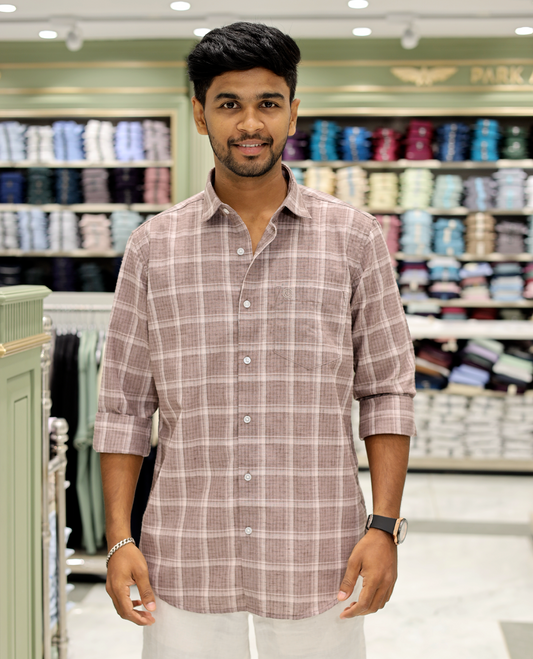 Taupe Cotton-Linen-Blended Casual Shirt Comes with Checks, Full Sleeves, a Spread Collar, a Slim Fit, and a Regular Length