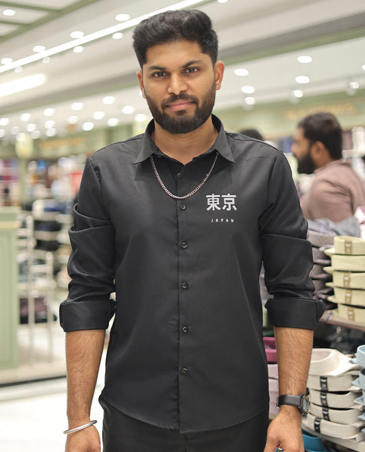 Black Cotton-Blended Casual Shirt Features Typographic Print, Full-Sleeves, a Spread Collar, a Regular Fit, and a Regular Length