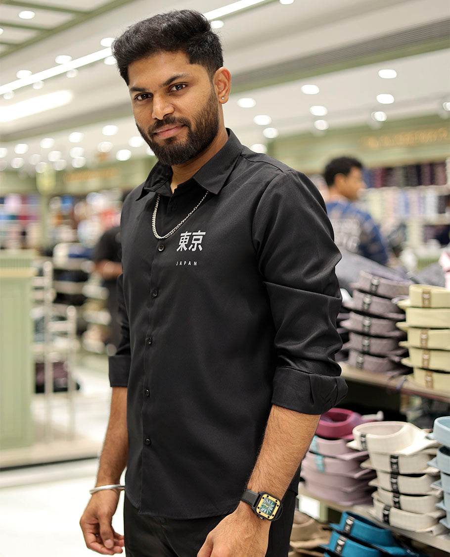 Black Cotton-Blended Casual Shirt Features Typographic Print, Full-Sleeves, a Spread Collar, a Regular Fit, and a Regular Length
