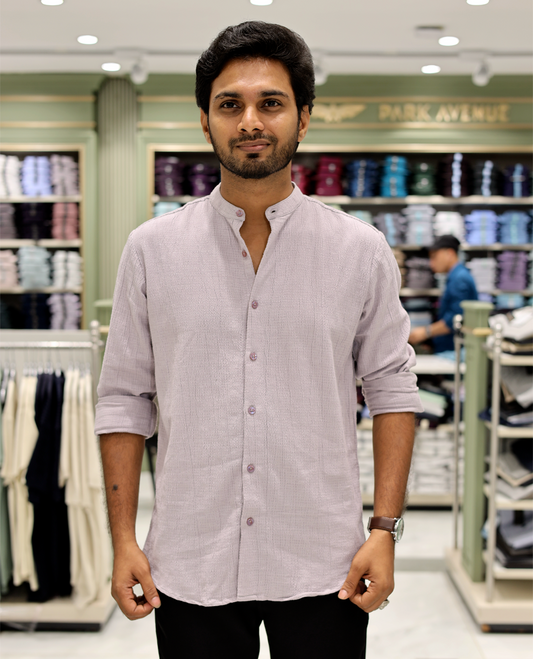 Lavender Poly-Blended Casual Shirt Features Full Sleeves, a Mandarin Collar, Slim Fit, and Regular Length