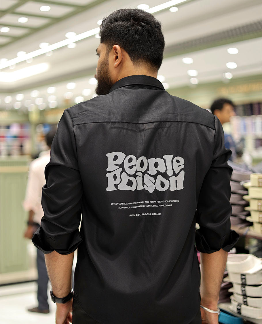 Black Cotton-Blended Casual Shirt Features Typographic Print, Full-Sleeves, a Spread Collar, a Regular Fit, and a Regular Length