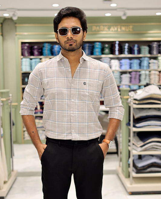 Taupe Cotton-Linen-Blended Casual Shirt Features Checks, Full Sleeve, a Spread Collar, a Slim Fit, and a Regular Length