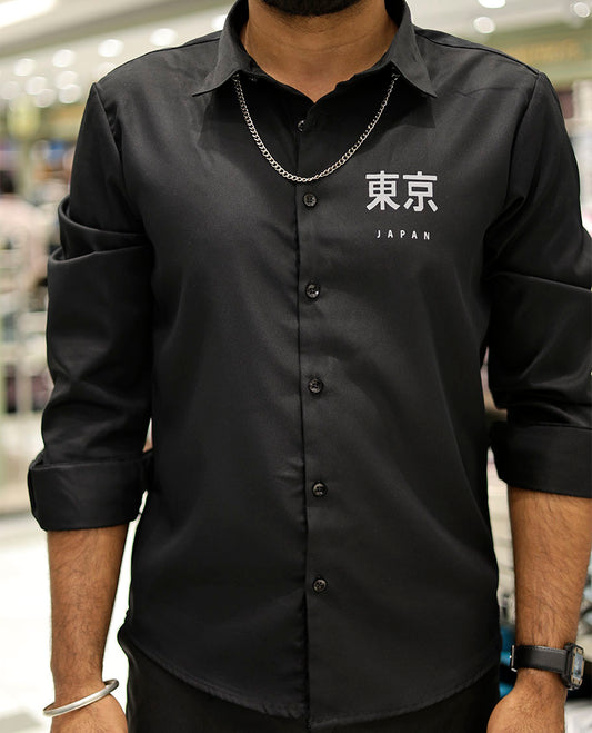 Black Cotton-Blended Casual Shirt Features Typographic Print, Full-Sleeves, a Spread Collar, a Regular Fit, and a Regular Length