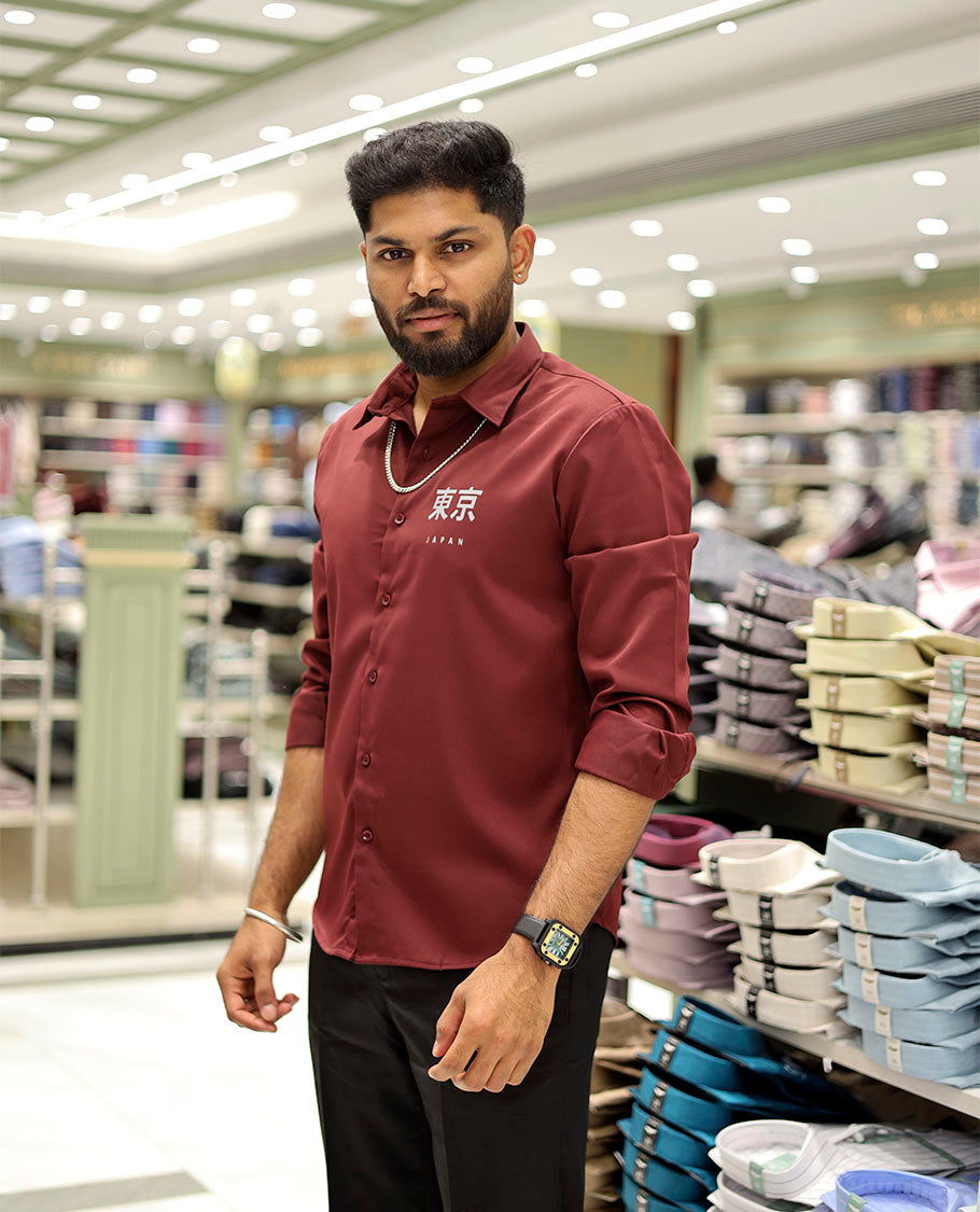 Red Cotton-Blended Casual Shirt Features Typographic Print, Full-Sleeves, a Spread Collar, a Regular Fit, and a Regular Length
