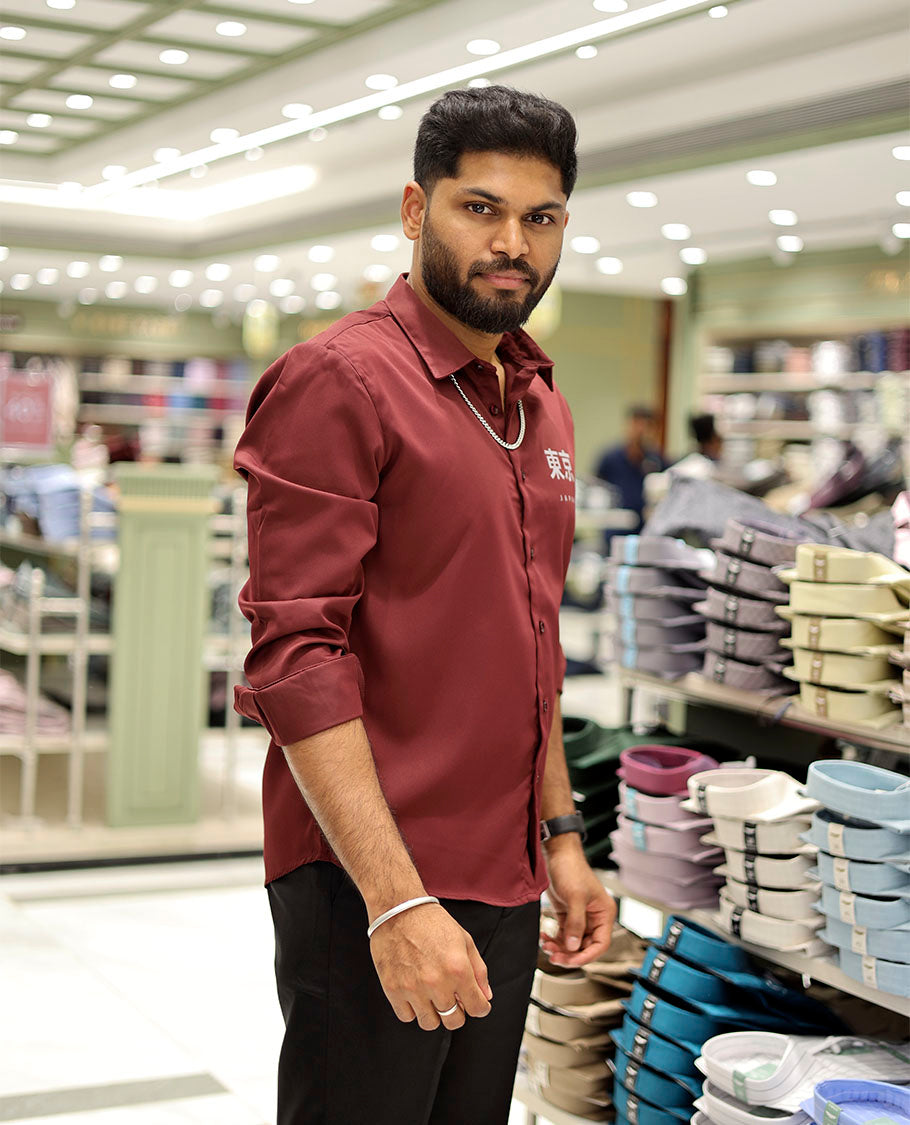 Red Cotton-Blended Casual Shirt Features Typographic Print, Full-Sleeves, a Spread Collar, a Regular Fit, and a Regular Length