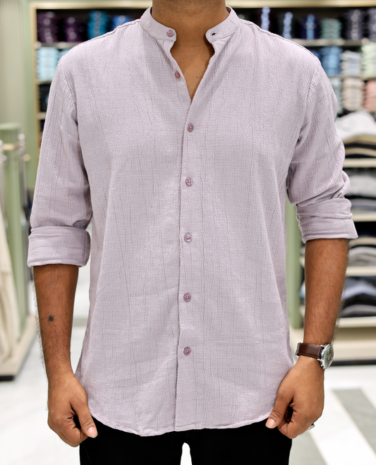 Lavender Poly-Blended Casual Shirt Features Full Sleeves, a Mandarin Collar, Slim Fit, and Regular Length