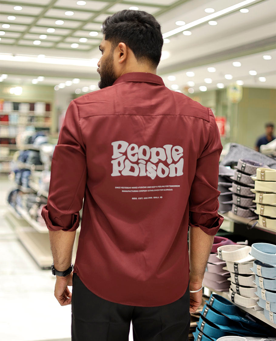 Red Cotton-Blended Casual Shirt Features Typographic Print, Full-Sleeves, a Spread Collar, a Regular Fit, and a Regular Length