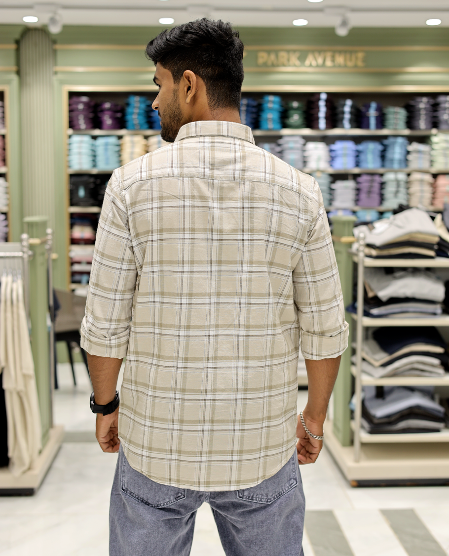 Cream Cotton-Linen-Blended Casual Shirt Comes with Checks, Full Sleeves, a Spread Collar, a Slim Fit, and a Regular Length
