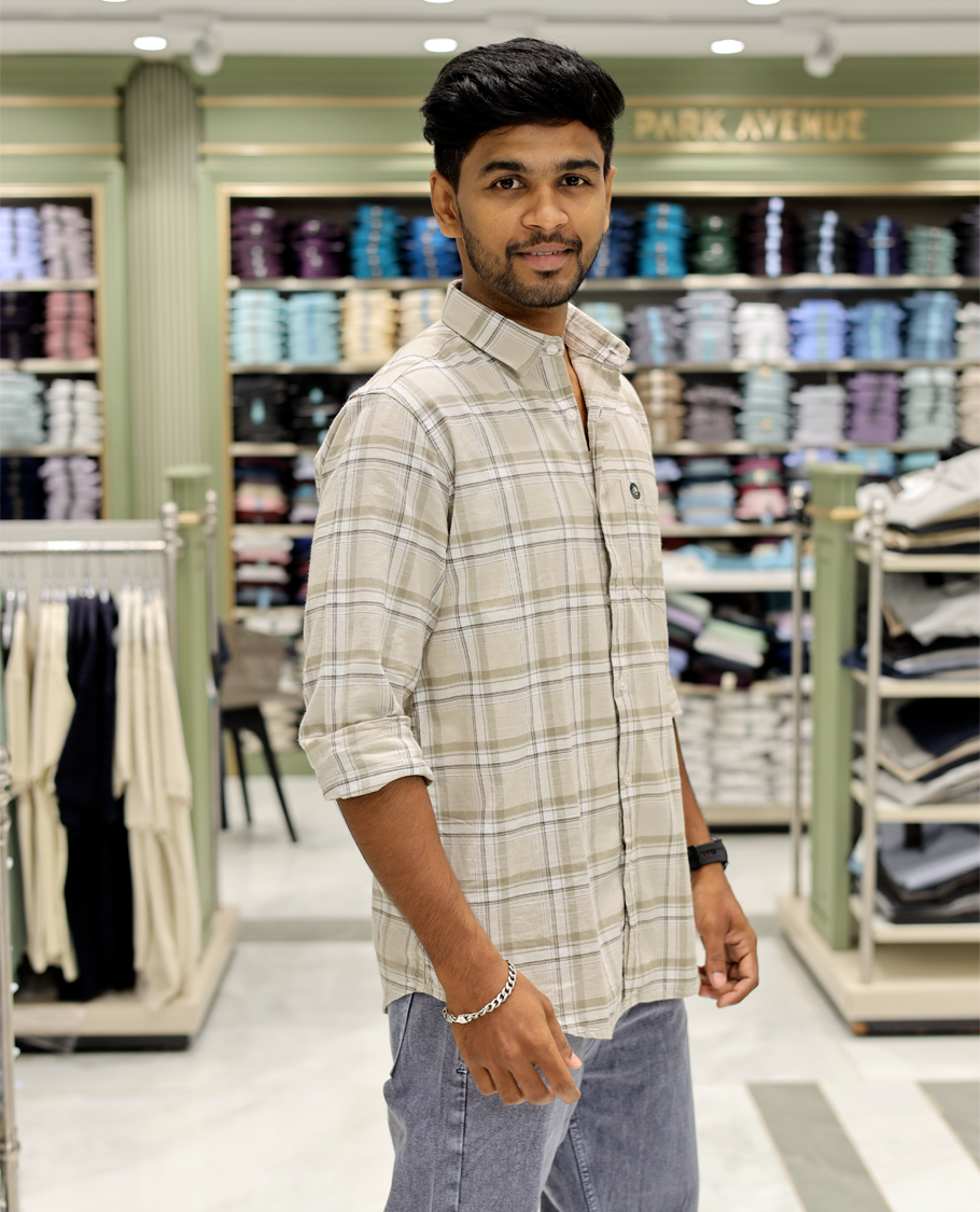 Cream Cotton-Linen-Blended Casual Shirt Comes with Checks, Full Sleeves, a Spread Collar, a Slim Fit, and a Regular Length