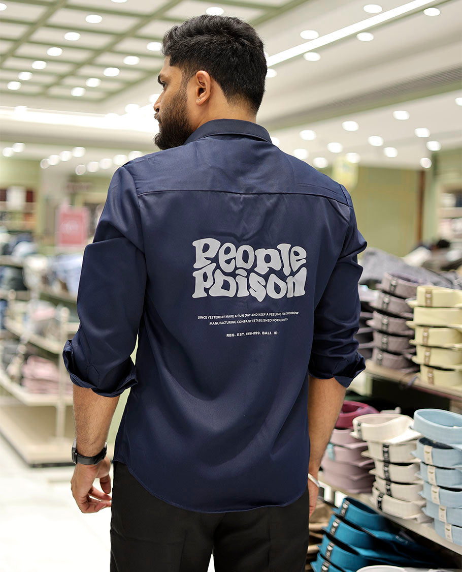 Navy Cotton-Blended Casual Shirt Features Typographic Print, Full-Sleeves, a Spread Collar, a Regular Fit, and a Regular Length