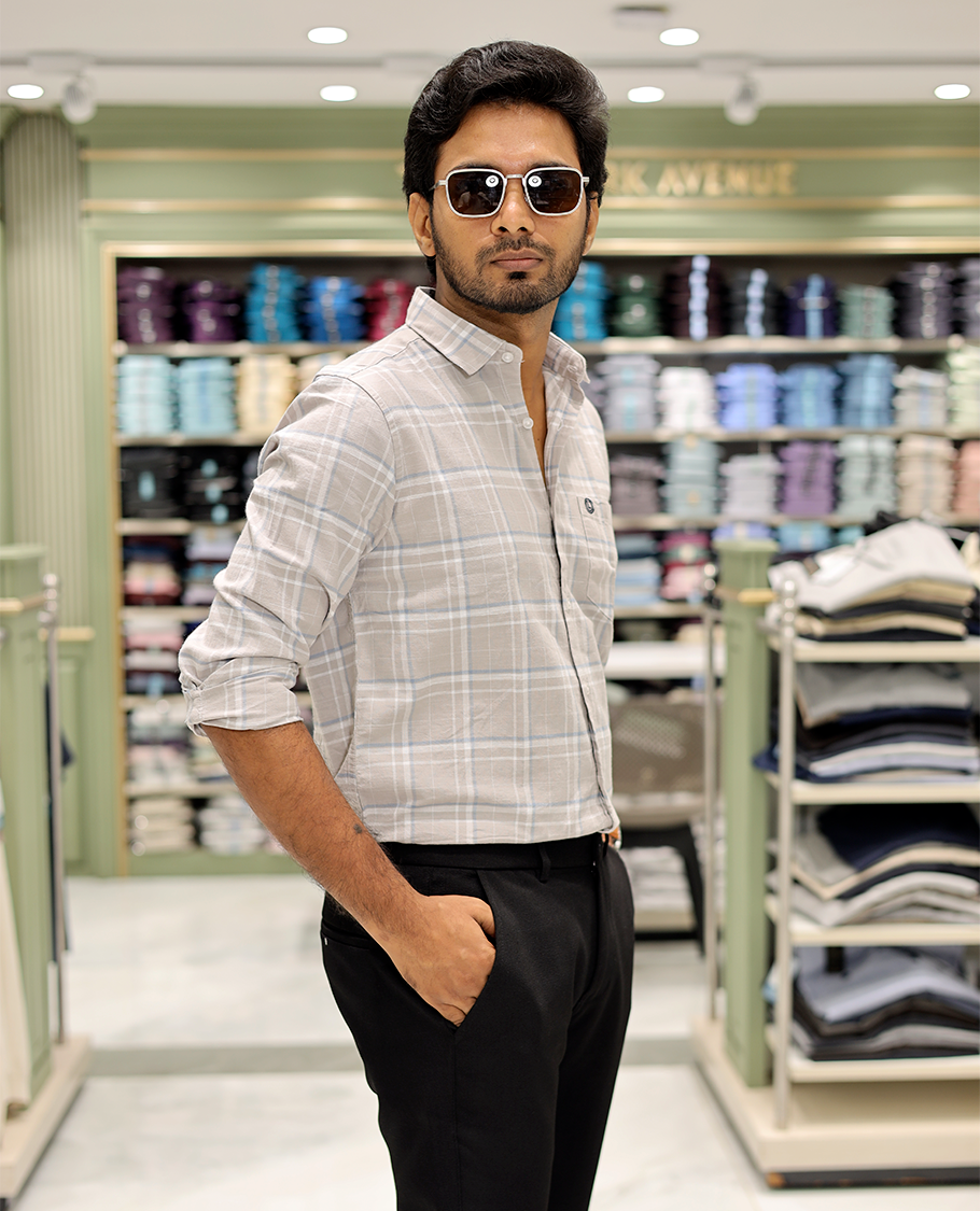 Taupe Cotton-Linen-Blended Casual Shirt Features Checks, Full Sleeve, a Spread Collar, a Slim Fit, and a Regular Length