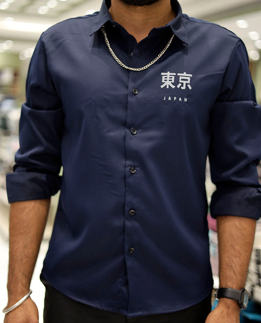 Navy Cotton-Blended Casual Shirt Features Typographic Print, Full-Sleeves, a Spread Collar, a Regular Fit, and a Regular Length