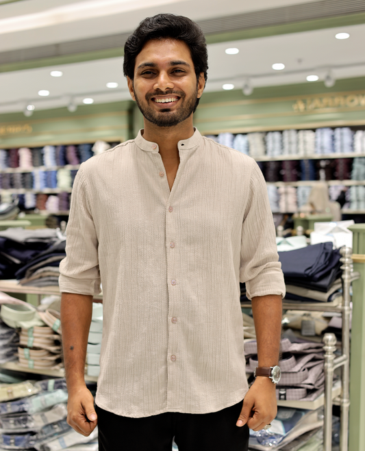 Beige Poly-Blended Casual Shirt Features Full Sleeves, a Mandarin Collar, Slim Fit, and Regular Length 