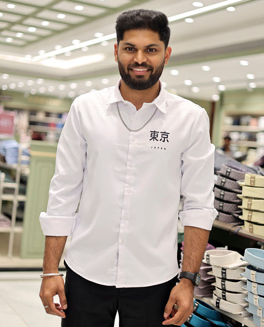 White Cotton-Blended Casual Shirt Features Typographic Print, Full-Sleeves, a Spread Collar, a Regular Fit, and a Regular Length