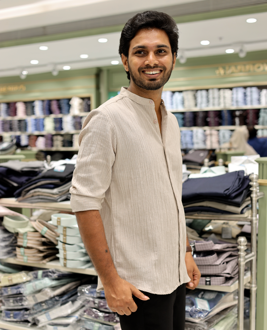 Beige Poly-Blended Casual Shirt Features Full Sleeves, a Mandarin Collar, Slim Fit, and Regular Length 