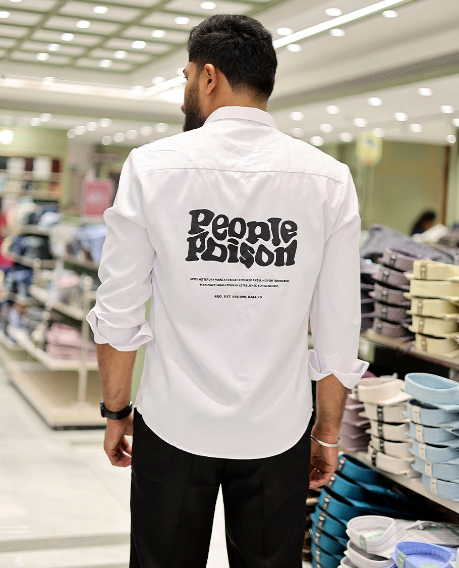 White Cotton-Blended Casual Shirt Features Typographic Print, Full-Sleeves, a Spread Collar, a Regular Fit, and a Regular Length
