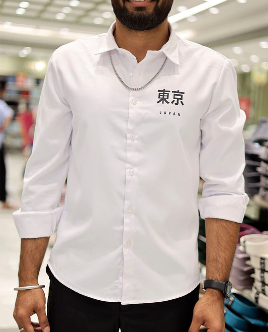 White Cotton-Blended Casual Shirt Features Typographic Print, Full-Sleeves, a Spread Collar, a Regular Fit, and a Regular Length