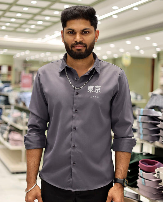 Grey Cotton-Blended Casual Shirt Features Typographic Print, Full-Sleeves, a Spread Collar, a Regular Fit, and a Regular Length