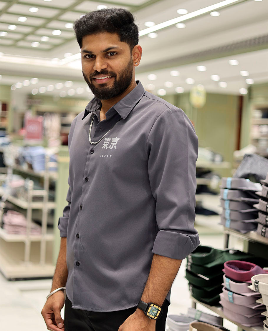 Grey Cotton-Blended Casual Shirt Features Typographic Print, Full-Sleeves, a Spread Collar, a Regular Fit, and a Regular Length