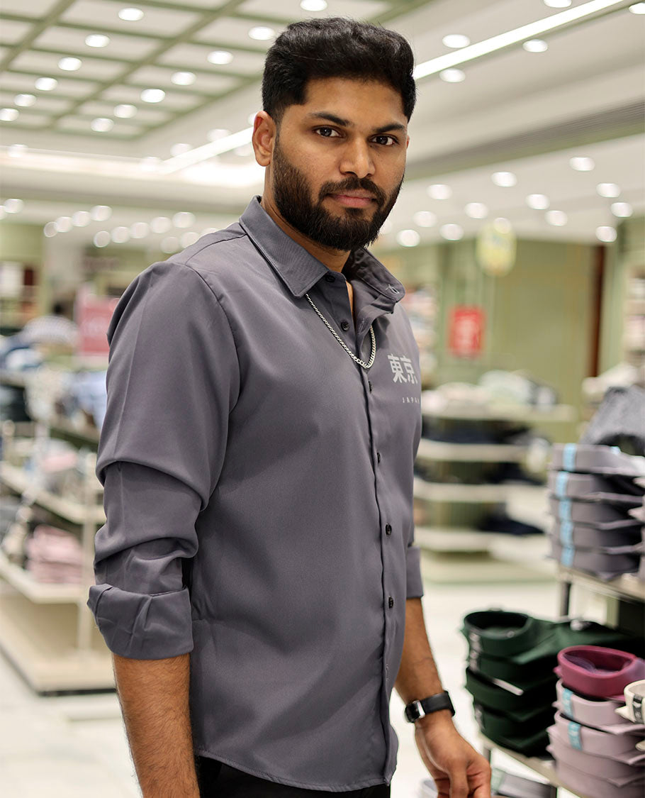 Grey Cotton-Blended Casual Shirt Features Typographic Print, Full-Sleeves, a Spread Collar, a Regular Fit, and a Regular Length