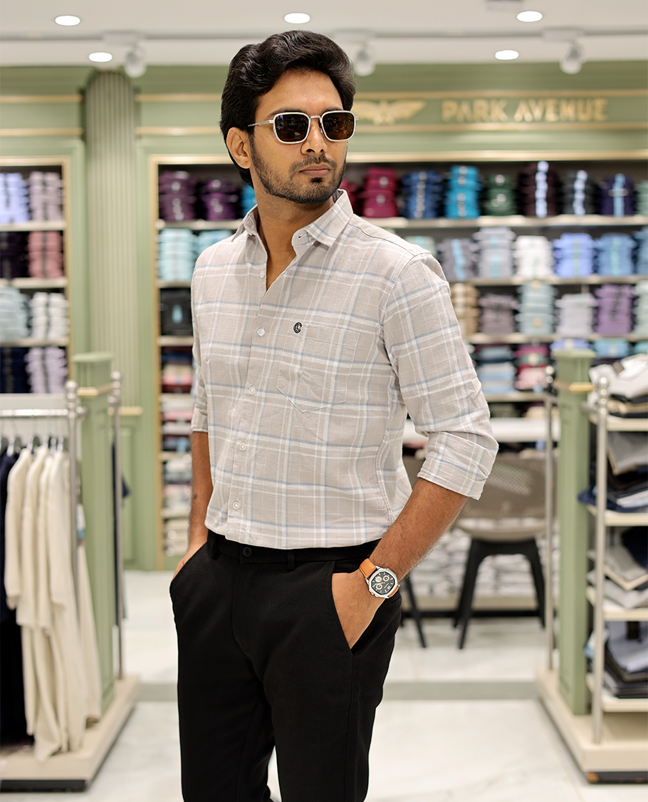Taupe Cotton-Linen-Blended Casual Shirt Features Checks, Full Sleeve, a Spread Collar, a Slim Fit, and a Regular Length