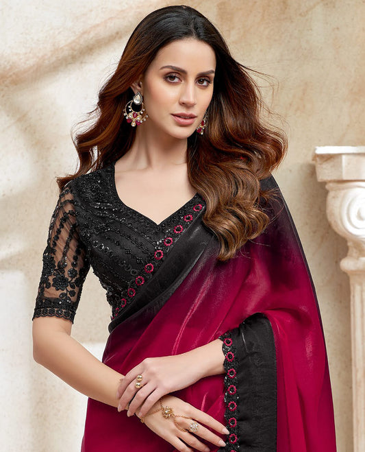 Maroon catalouge tissue designer saree with contrast floral embroidery border