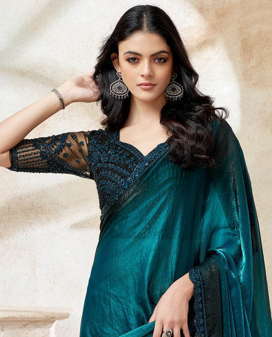 Blue catalouge  designer saree with contrast floral embroidery border