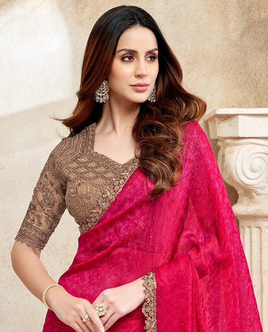Red catalouge designer saree with self floral embroidery border