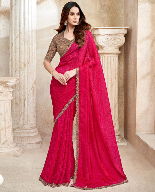 Red catalouge designer saree with self floral embroidery border