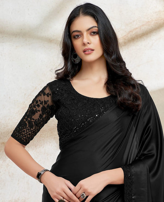 Black catalouge  designer saree with self floral embroidery border