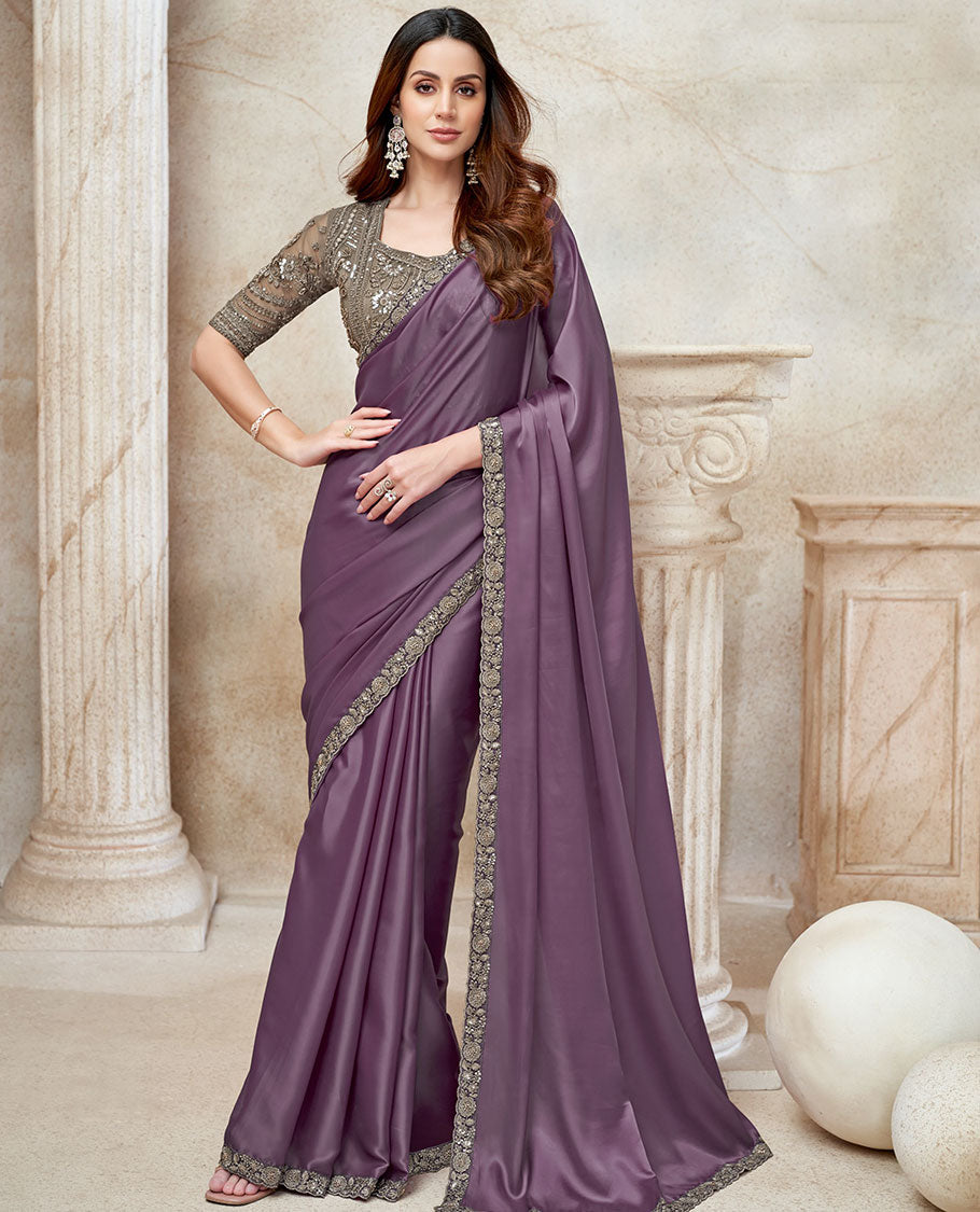 Chinese violet plain satin designer saree, scallop floral design sequins, embroidered lace border & embroidered blouse