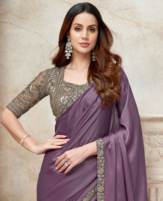 Chinese violet plain satin designer saree, scallop floral design sequins, embroidered lace border & embroidered blouse