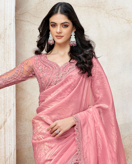 Pink crushed-style plain satin designer saree, scallop floral embroidered lace border & embroidered blouse