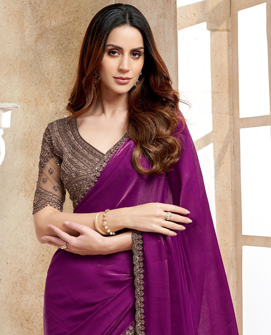 Purple plain satin designer saree, scallop floral design sequins, embroidered lace border & embroidered blouse