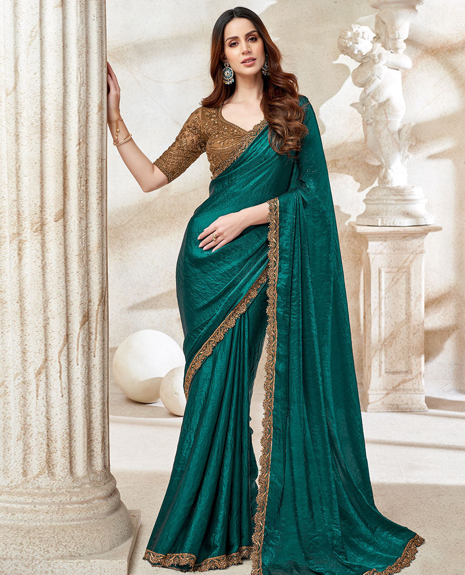 Green crushed-style plain designer saree, scallop sequins embroidered lace border & embroidered blouse