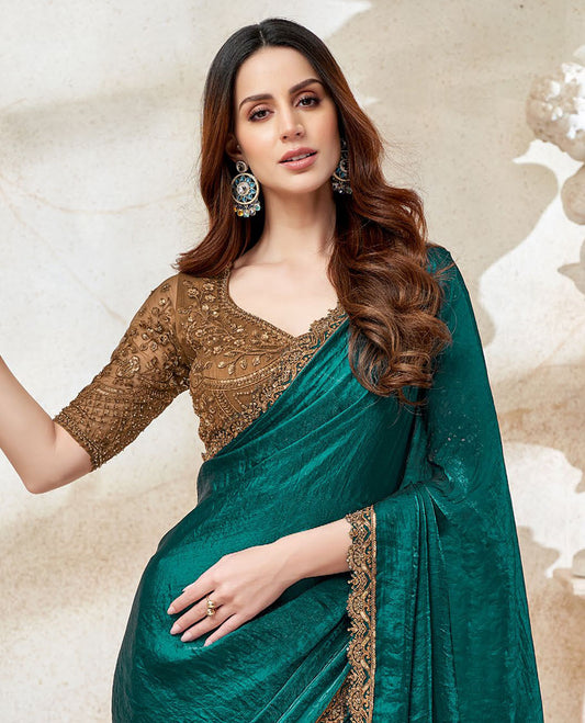 Green crushed-style plain designer saree, scallop sequins embroidered lace border & embroidered blouse